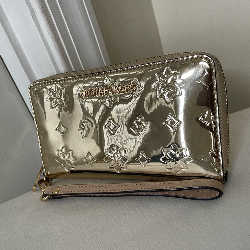 Michael Kors Gold Metallic Floral Wristlet EUC